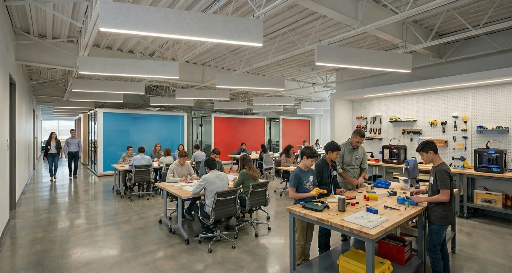 Students and mentors working together in a classroom workshop setting